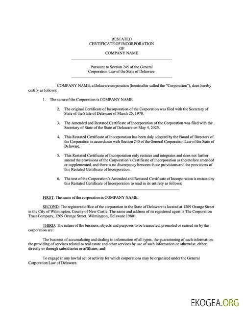 Modèle Word et PDF de certificat de constitution USA Delaware, version 3
